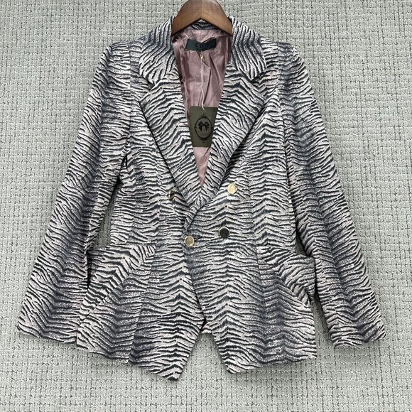 TOV Holy G Blazer Womens Size 38 US 2-4 Black Pink Satin Animal Print Pockets - Picture 1 of 11